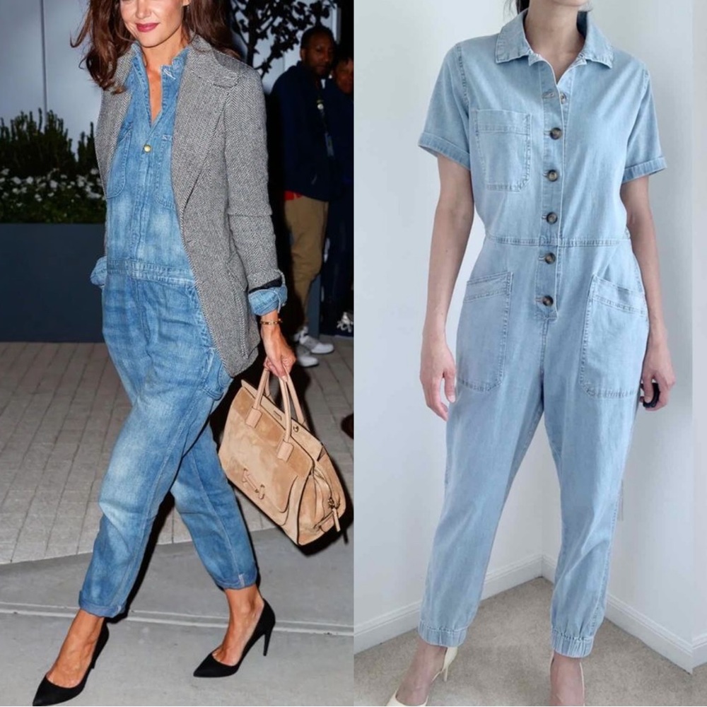 DENIM COLLAR BUTTON DOWN JUMPSUIT - WITH POCKETS AND BUTTON DOWN - Picture 2 of 9